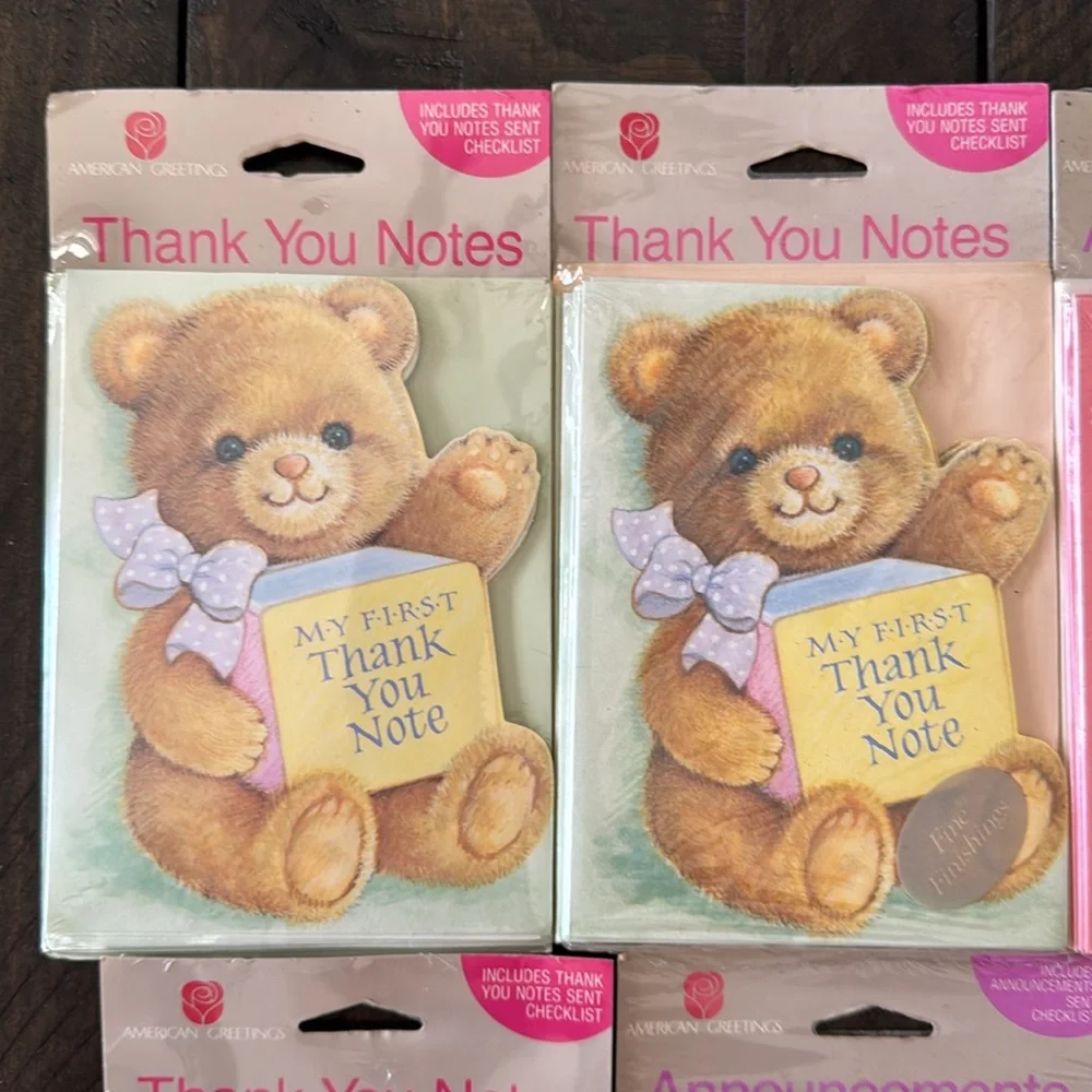 7 unopened packages of 1980s birth announcements and thank you notes.